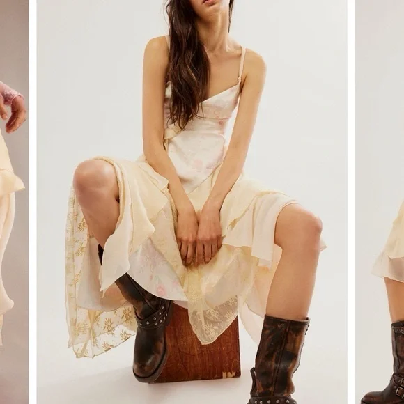 Free People Laughlin Vintage Lace Ruffles Mixed Printed Asymmetrical Dress - Picture 3 of 14